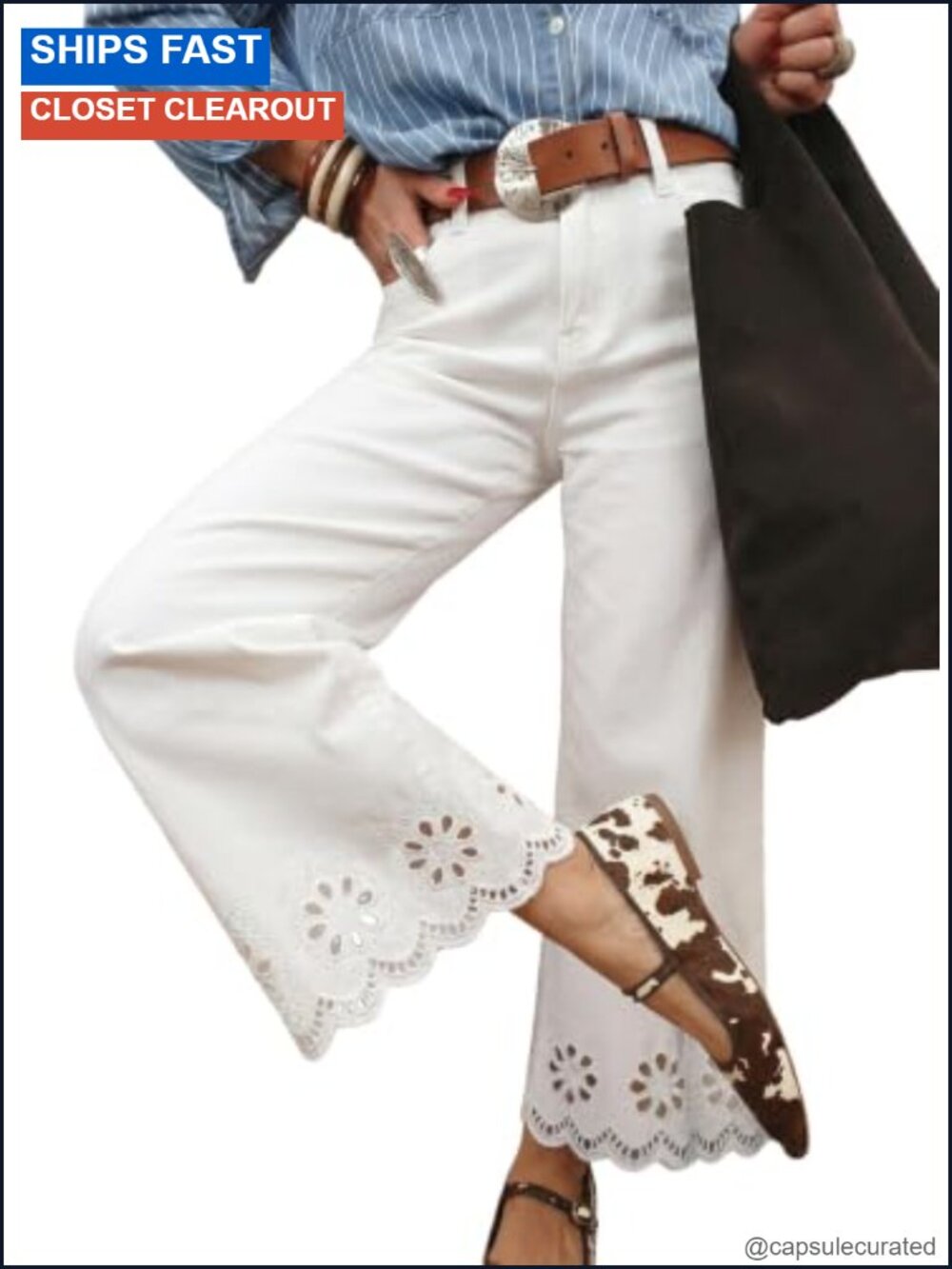 Sidefeel Wide Leg High Waist Embroidered Stretch Denim Jeans
